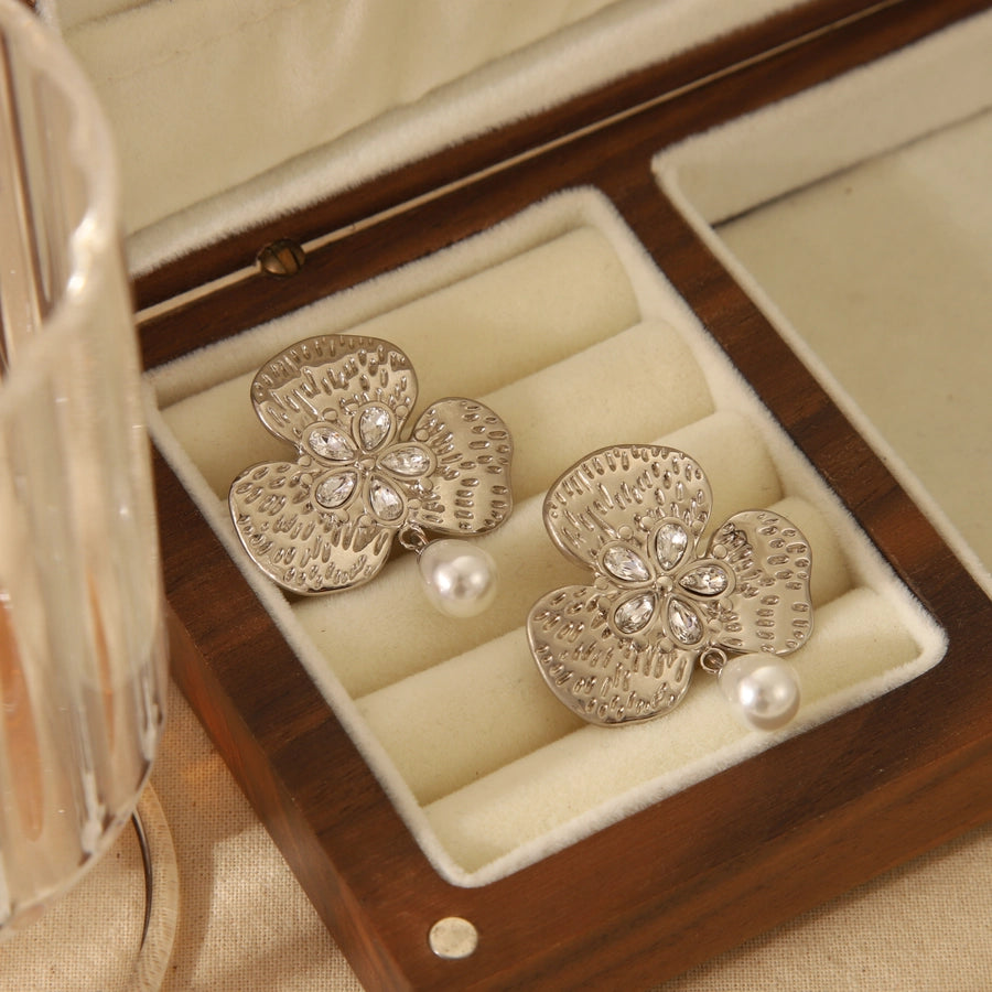 1 Pair Vintage Style Flower Plating Inlay 304 Stainless Steel Imitation Pearl Zircon 18K Gold Plated Ear Studs