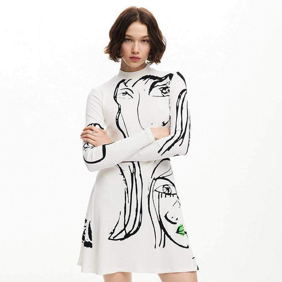 Women's A- Line Skirt Streetwear Round Neck Long Sleeve Portrait Lines Above Knee Daily