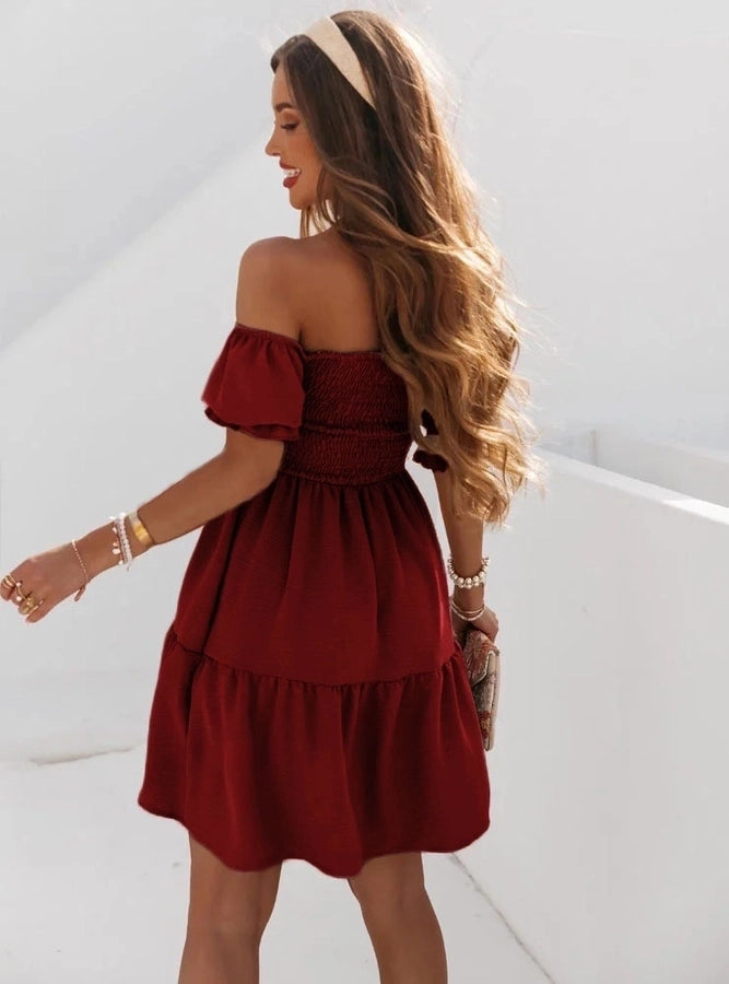 women's a-line skirt fashion boat neck patchwork short sleeve solid color above knee daily