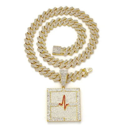 Cross-Border New Arrival European and American Hip Hop Style Dripping Oil Full Diamond Heartbeat Pulse Pendant Necklace High Quality Men's Cuban Link Chain