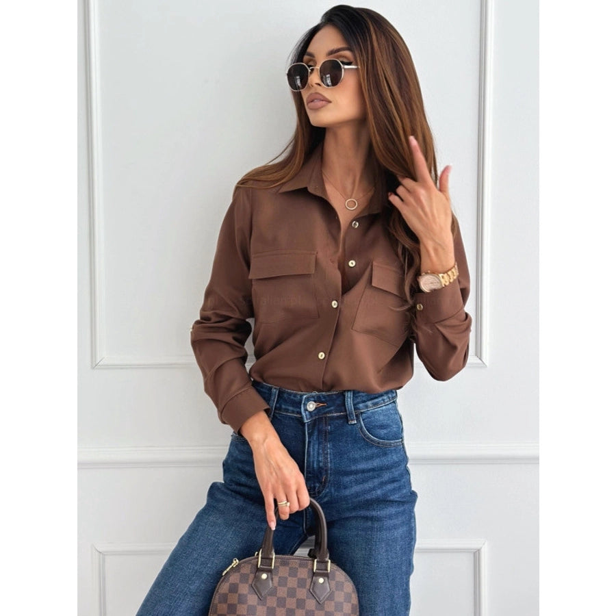 Blouse Long Sleeve Blouses Button Streetwear Solid Color