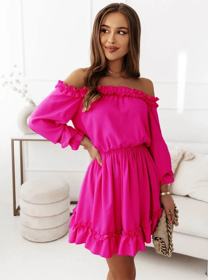 women's regular dress fashion off shoulder patchwork long sleeve solid color above knee daily