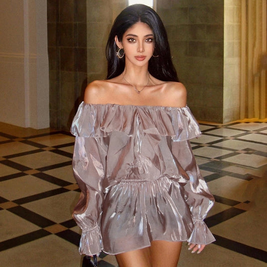 Women's Lotus Leaf Skirt Streetwear Boat Neck Long Sleeve Solid Color Above Knee Daily