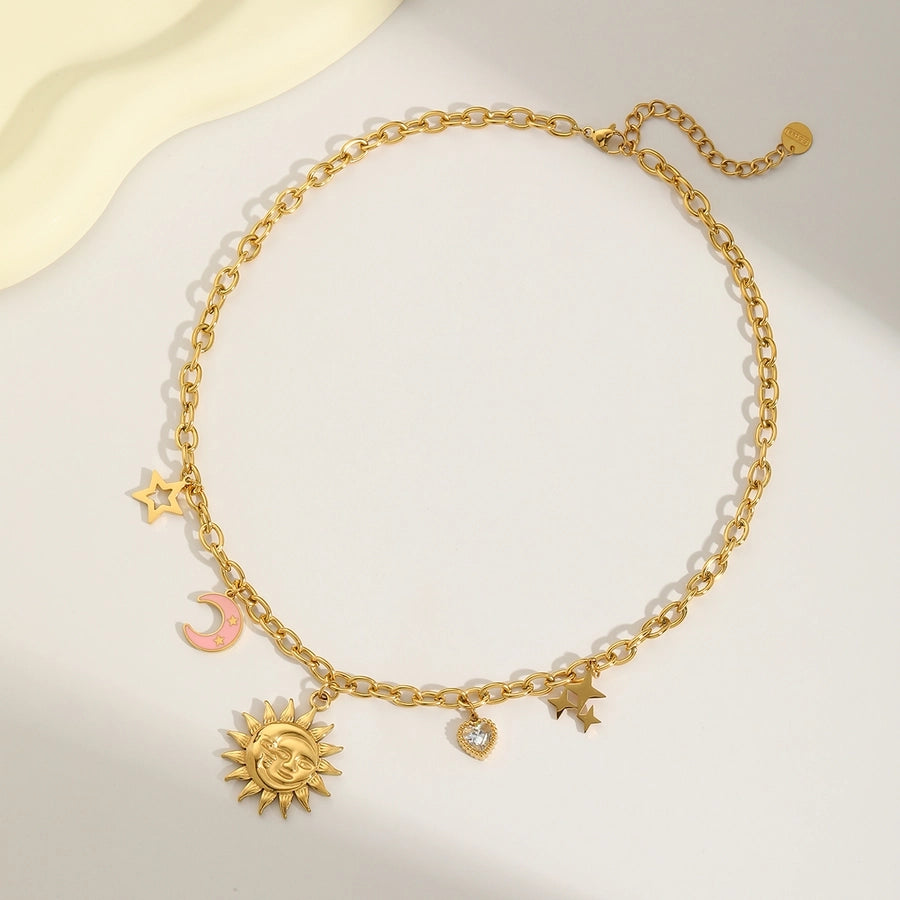 Jewelry Vintage Style Luxurious Classic Style Sun Moon 304 Stainless Steel Natural Stone Zircon 18K Gold Plated Inlay Pendant Necklace