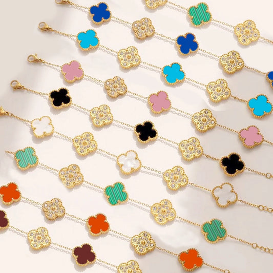 Elegant Four Leaf Clover 304 Stainless Steel 18K Gold Plated Rhinestones Shell cable chain Bracelets In Bulk Stainless Steel Bracelets