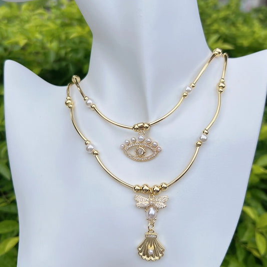 Jewelry Retro Eye Dragonfly Copper Pearl Zircon 18K Gold Plated Plating Inlay Pendant Necklace