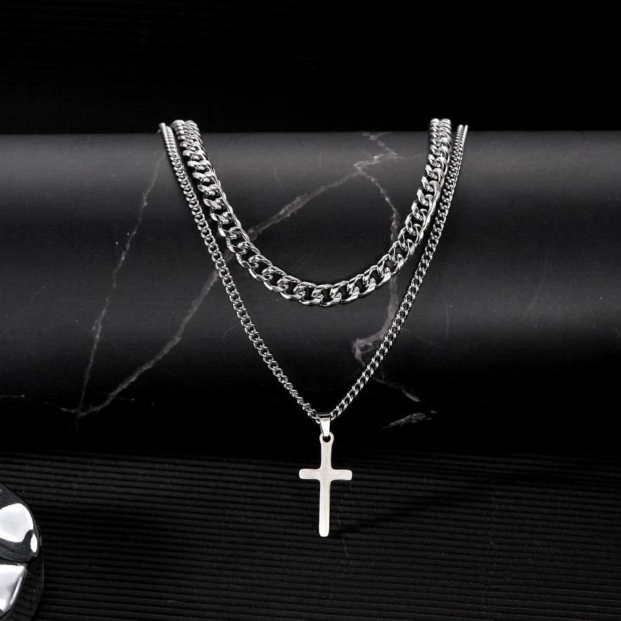 Hip-Hop Cross 201 Stainless Steel Men's Double Layer Necklaces