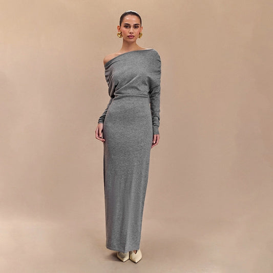Women's Hip skirt Streetwear Oblique collar Long Sleeve Solid Color Maxi Long Dress Daily
