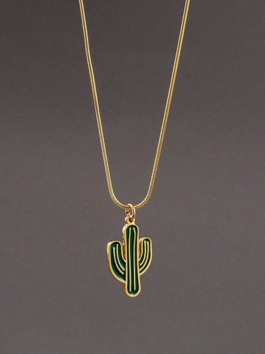 1Pc Men's Stainless Steel Gold Necklace Plant Green Cactus Pendant Necklace Unique Men's Gift Suitable for Daily Match Party Decoration Accessories