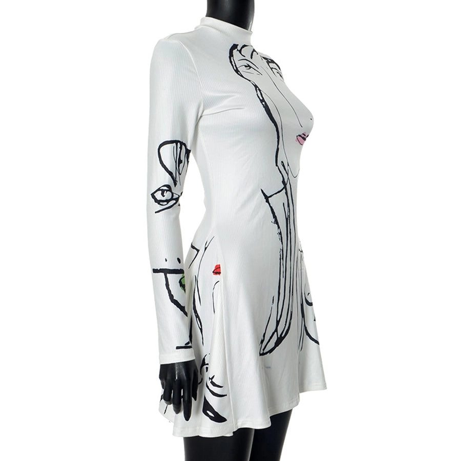 Women's A- Line Skirt Streetwear Round Neck Long Sleeve Portrait Lines Above Knee Daily