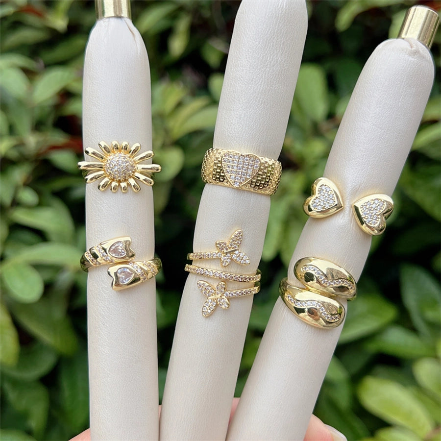 Copper 18K Gold Plated Heart Shape Butterfly Zircon Open Rings