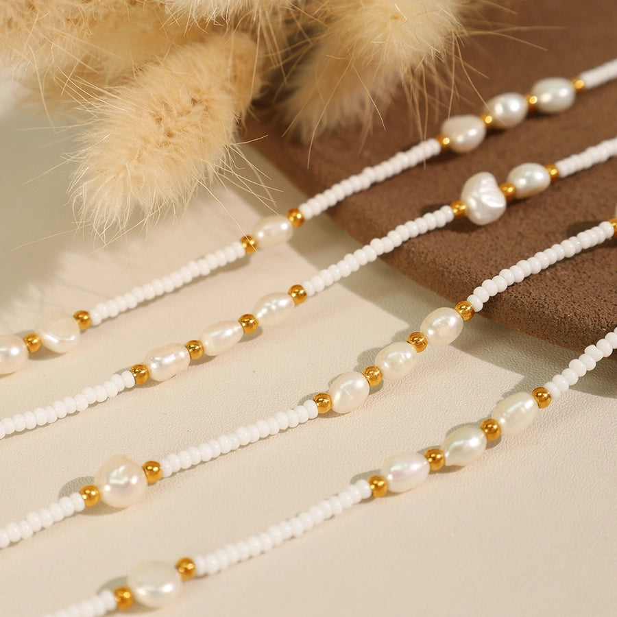 Jewelry Vintage Style Luxurious French Style Round Titanium Steel Freshwater Pearl Glass Stone 18K Gold Plated Beaded Polishing Plating Necklace