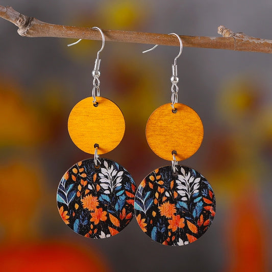 1 Pair Retro Printing Round Wood Drop Earrings