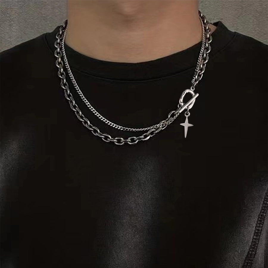 Hip-Hop Cross 304 Stainless Steel Toggle Men's Double Layer Necklaces