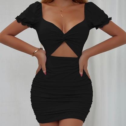 Women's Sheath Dress Vacation Simple Style U Neck Pleated Short Sleeve Solid Color Above Knee Holiday