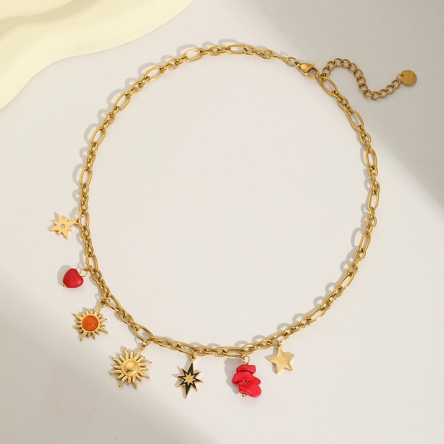 Jewelry Vintage Style Luxurious Classic Style Sun Moon 304 Stainless Steel Natural Stone Zircon 18K Gold Plated Inlay Pendant Necklace