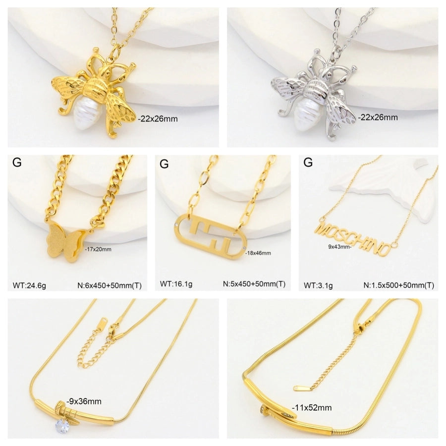 Jewelry Casual Elegant Cute letter Bee Butterfly 304 Stainless Steel Artificial Pearls Rhinestones 18K Gold Plated Inlay Pendant Necklace