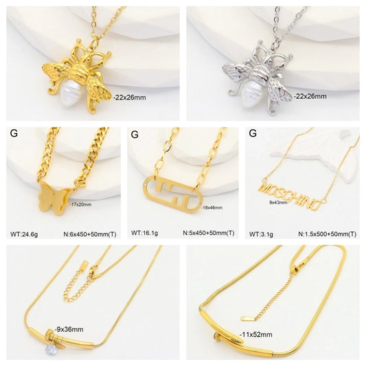 Jewelry Casual Elegant Cute letter Bee Butterfly 304 Stainless Steel Artificial Pearls Rhinestones 18K Gold Plated Inlay Pendant Necklace
