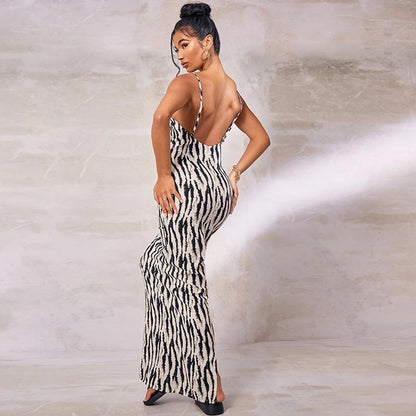 Women's Strap Dress Sexy V Neck Sleeveless Zebra Maxi Long Dress Holiday