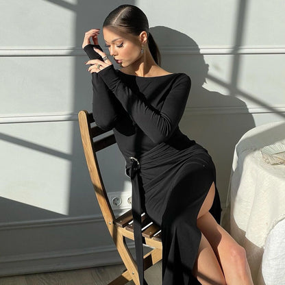 Women's Sheath Dress Elegant Round Neck Thigh Slit Long Sleeve Solid Color Maxi Long Dress Banquet Daily