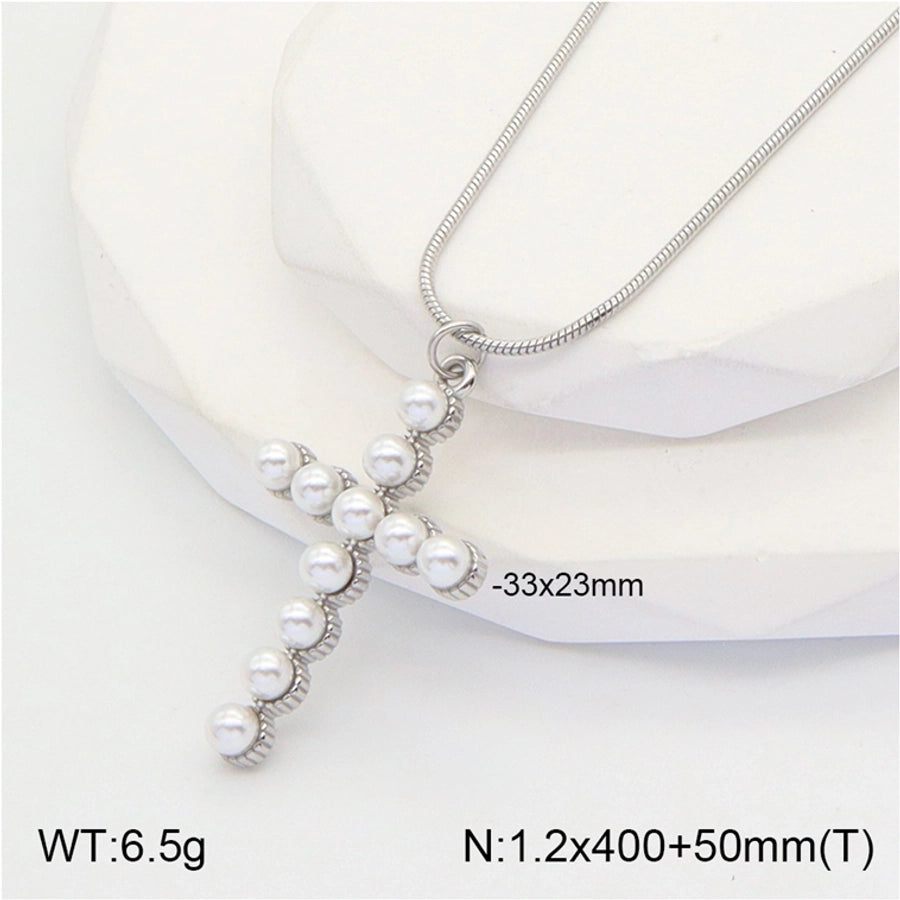 Jewelry Casual Vintage Style Classic Style Cross 304 Stainless Steel Artificial Pearls 18K Gold Plated Inlay Pendant Necklace