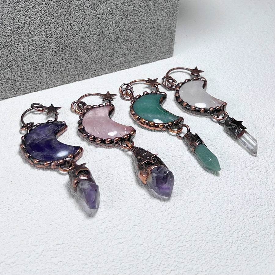 1 Piece 35*91mm Crystal Green aventurine Natural Stone Crystal Star Moon Pendant Jewelry Accessories