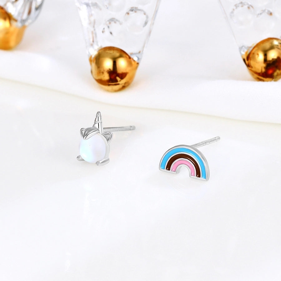 s925 Sterling Silver Rainbow  Moonstone stud earrings elegant niche cute jewelry small asymmetric earrings for women