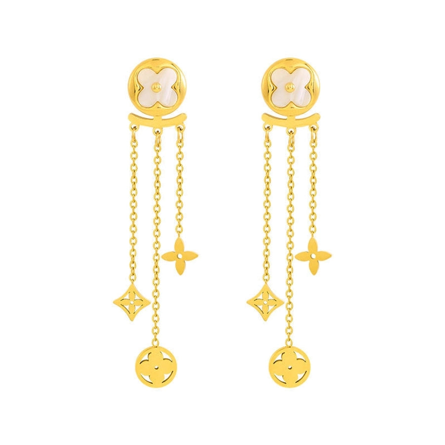 1 Pair Elegant Formal Romantic Four Leaf Clover Tassel Inlay 304 Stainless Steel Acrylic 18K Gold Plated Drop Earrings