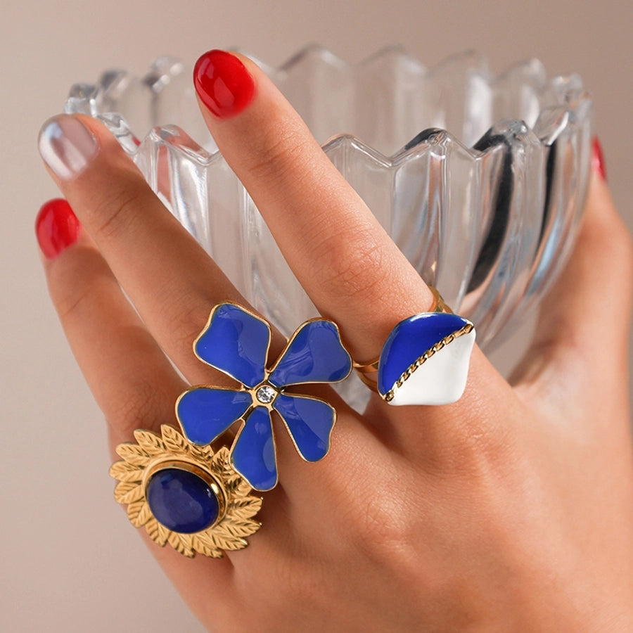 Jewelry Preppy Style Sweet Pastoral Flower Rhombus 304 Stainless Steel Zircon 14K Gold Plated Enamel Open Rings