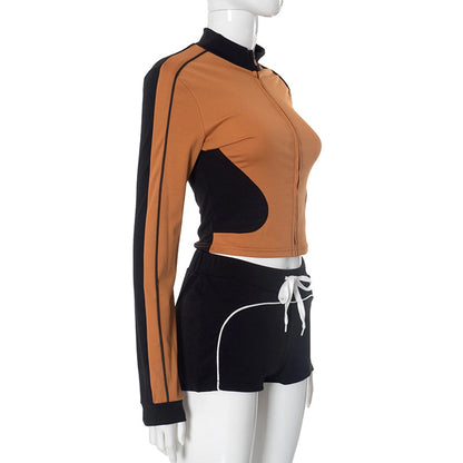Daily Women's Streetwear Contrast Collar Spandex Polyester Twilled Satin Shorts Sets Shorts Sets