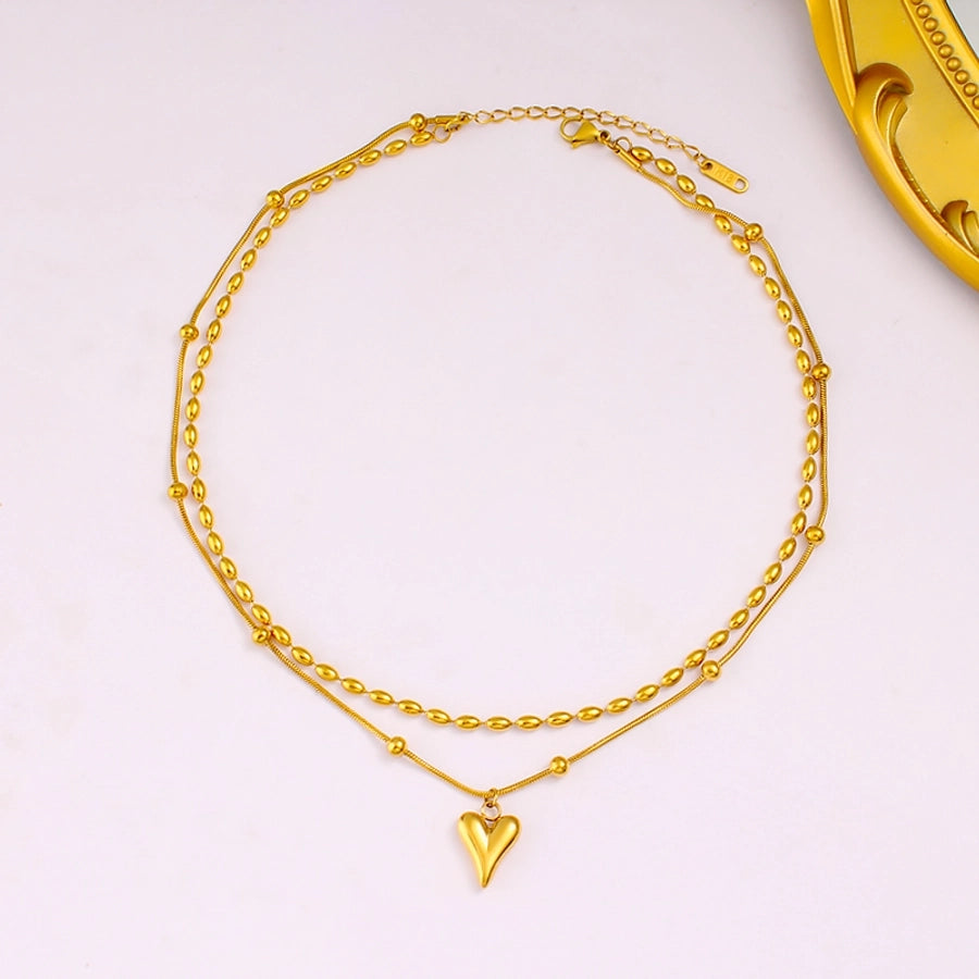 Jewelry Simple Style Heart Shape 304 Stainless Steel 18K Gold Plated Plating Double Layer Necklaces