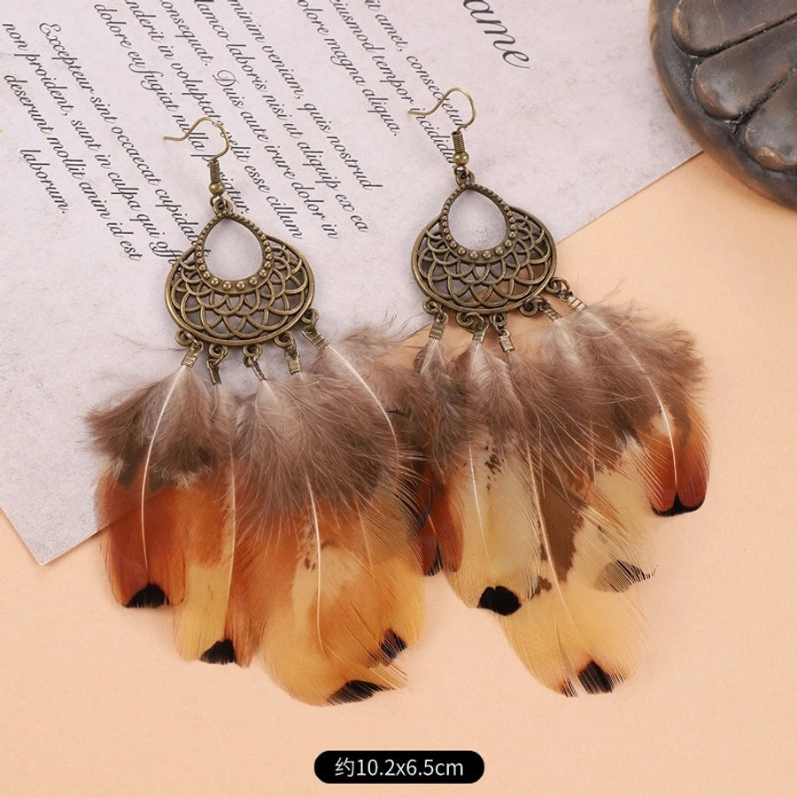 1 Pair Vintage Style Geometric Tassel Alloy Feather Drop Earrings
