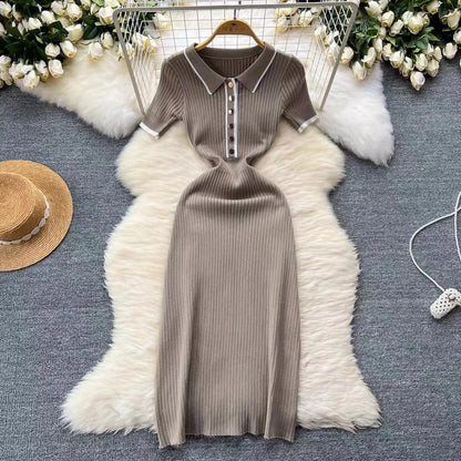 Women's Sheath Dress Elegant Turndown Short Sleeve Stripe Midi Dress Daily