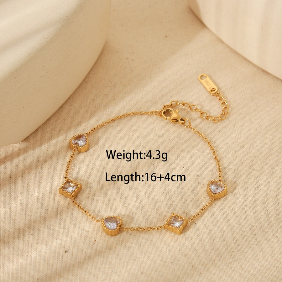 Jewelry Simple Style Commute Geometric Heart Shape Solid Color 304 Stainless Steel Zircon 18K Gold Plated Inlay Jewelry Set