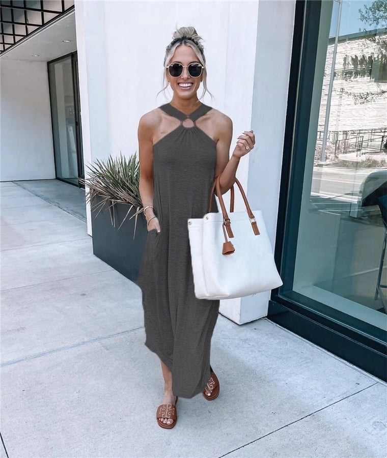 casual solid color halter neck sleeveless patchwork polyester maxi long dress irregular skirt