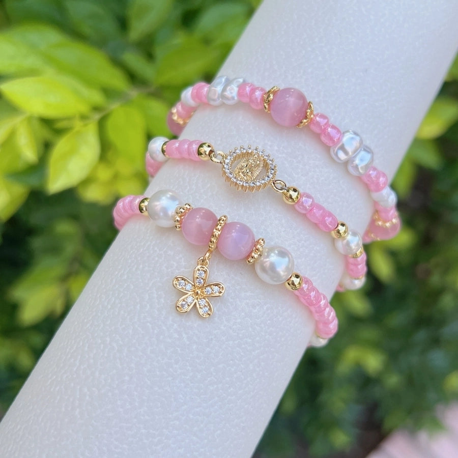 Sweet Flower Butterfly Bow Knot 18K Gold Plated Zircon Imitation Pearl Copper ball chain Beaded Bracelets