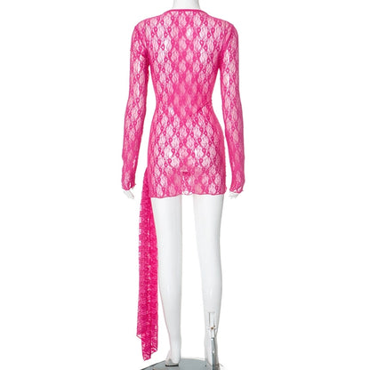 Women's Hip skirt Sexy Round Neck Lace Long Sleeve Solid Color Above Knee Masquerade