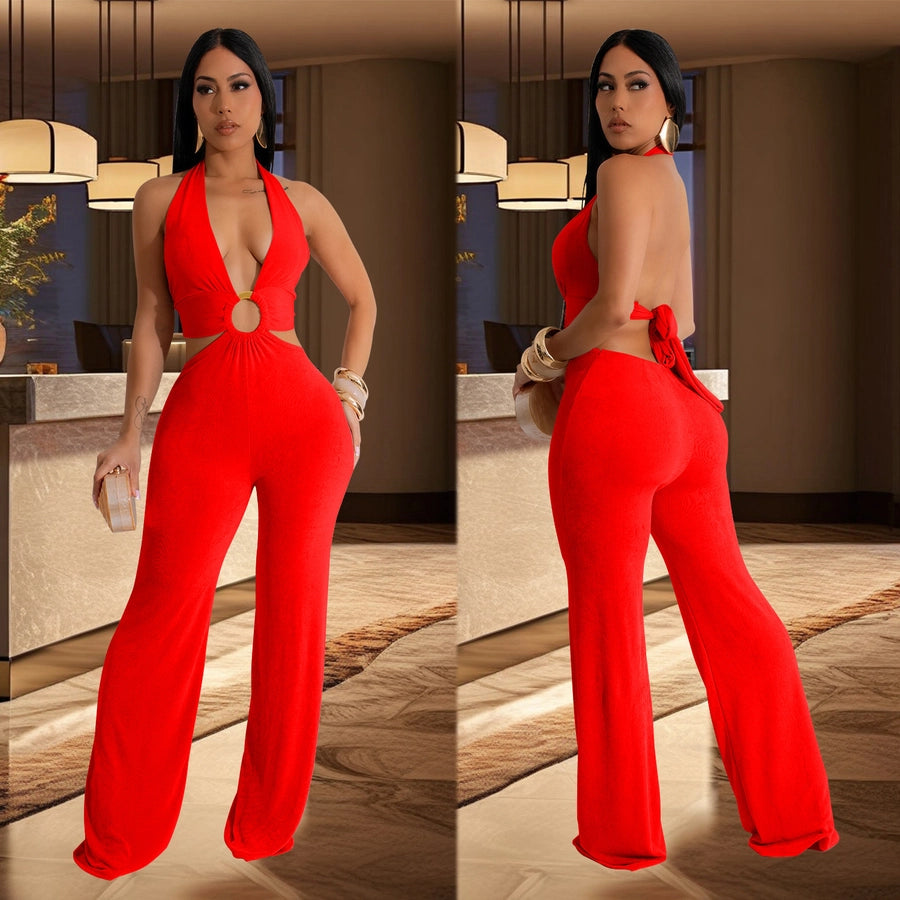 Women's Holiday Banquet Sexy Solid Color Full Length Jumpsuits