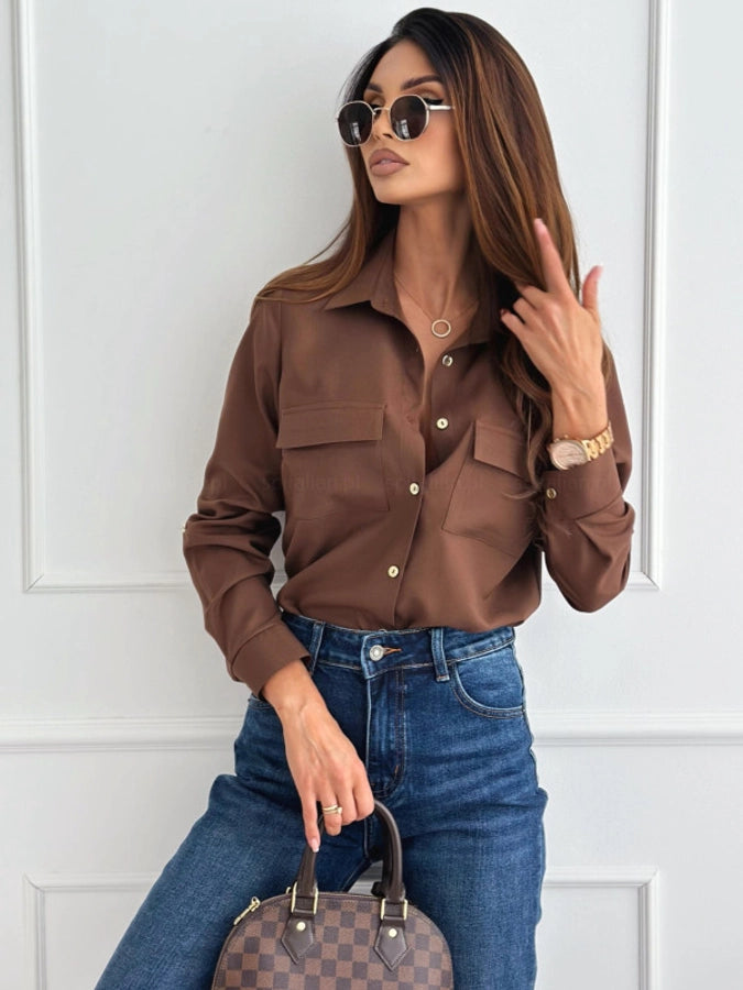 Blouse Long Sleeve Blouses Button Streetwear Solid Color