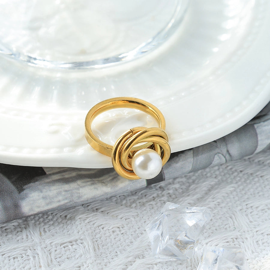 Jewelry Casual Simple Style Commute Round Rose 304 Stainless Steel Pearl 14K Gold Plated Rings