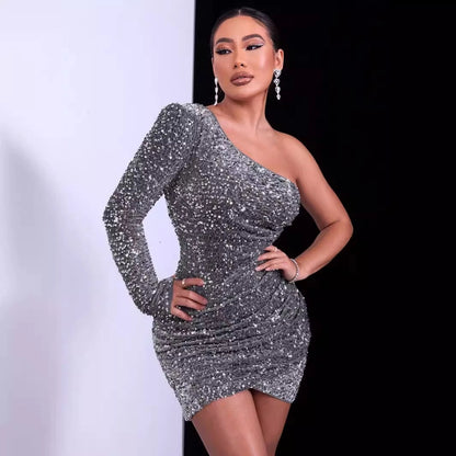 Women's Party Dress Streetwear Oblique collar Sequins Nine Points Sleeve Solid Color Above Knee Cocktail Party