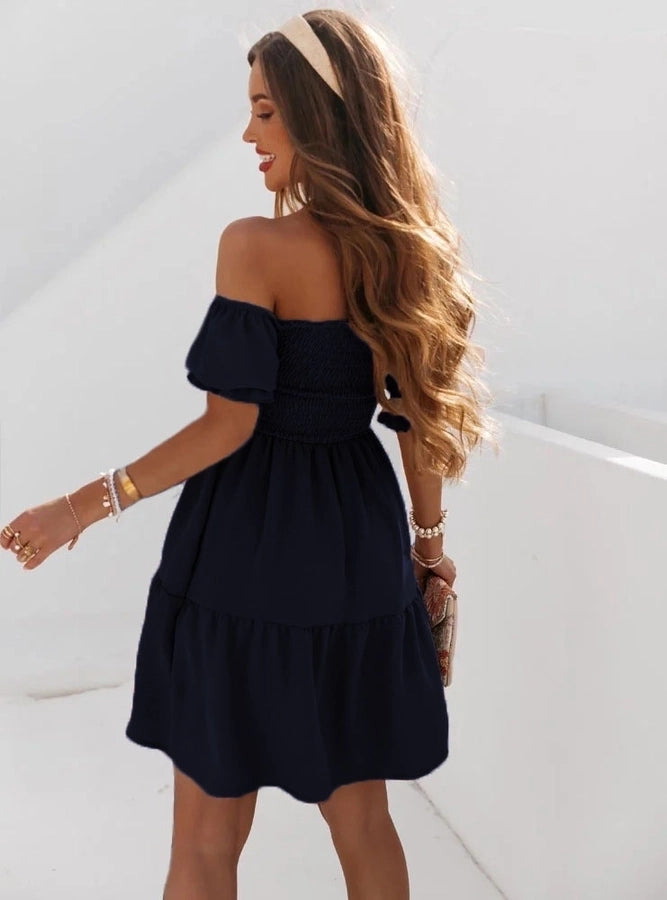 women's a-line skirt fashion boat neck patchwork short sleeve solid color above knee daily