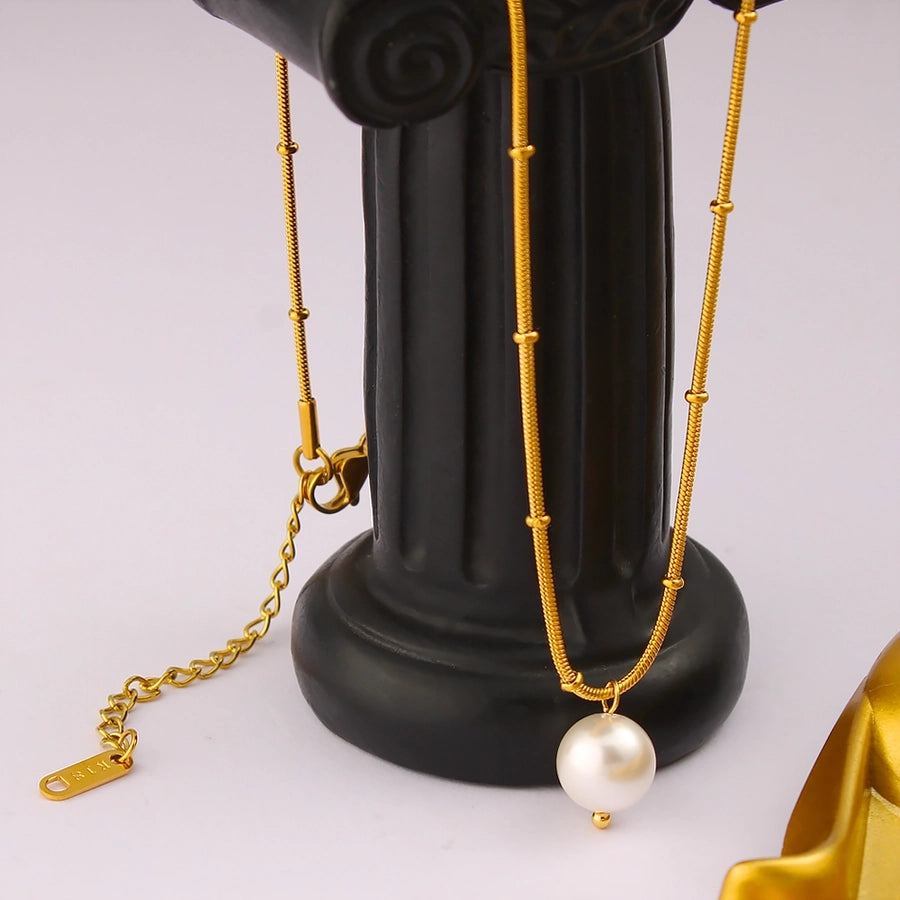 Jewelry IG Style Simple Style Round 304 Stainless Steel Pearl 18K Gold Plated Plating Inlay Pendant Necklace