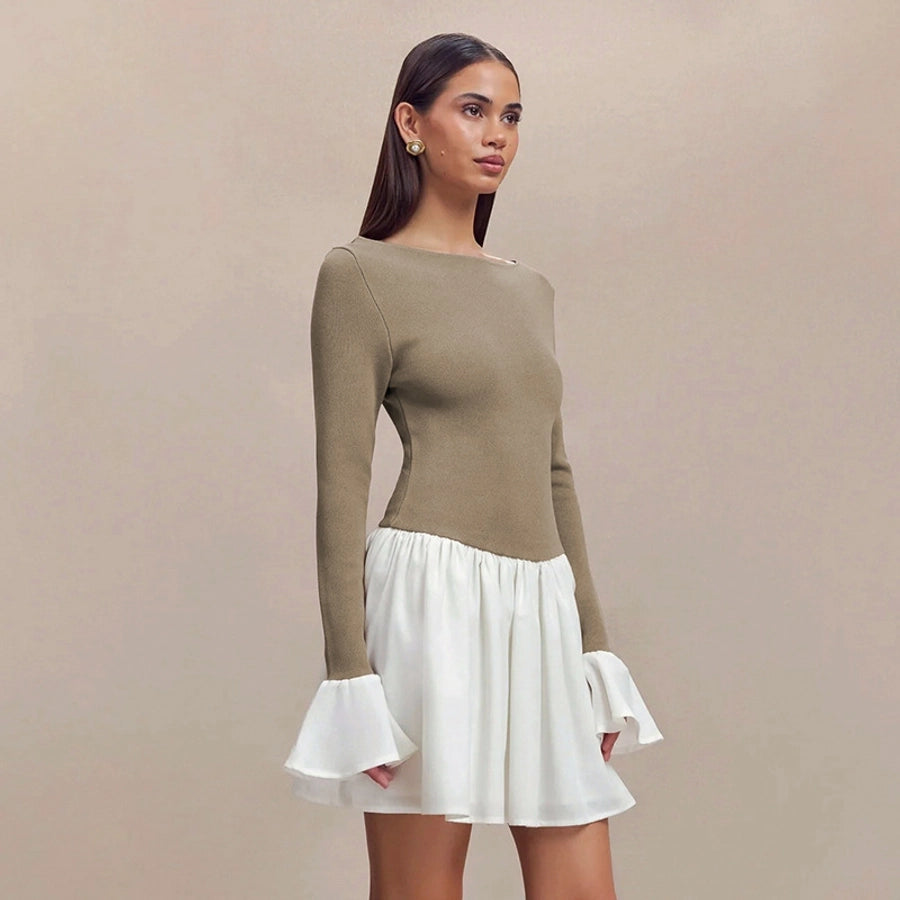 Women's Sheath Dress Streetwear Boat Neck Contrast Binding Long Sleeve Contrast Binding Above Knee Daily