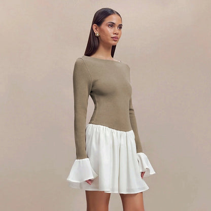 Women's Sheath Dress Streetwear Boat Neck Contrast Binding Long Sleeve Contrast Binding Above Knee Daily