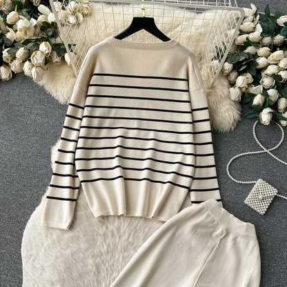 school outdoor daily women's simple style stripe simple spandex polyester knit elastic waist pants sets pants sets