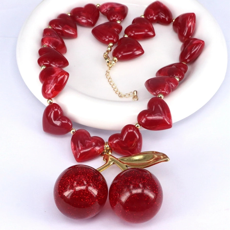 Jewelry Elegant Cherry Heart Shape Resin Copper 18K Gold 18K Gold Plated Plating Pendant Necklace