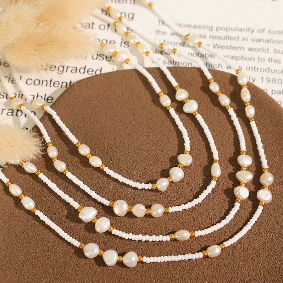 Jewelry Vintage Style Luxurious French Style Round Titanium Steel Freshwater Pearl Glass Stone 18K Gold Plated Beaded Polishing Plating Necklace