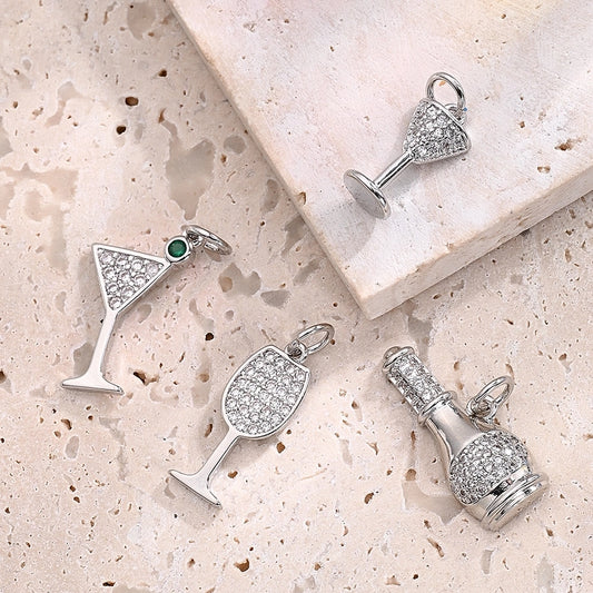 1 Pc/Package 14x7mm 18x11mm 21x9mm Hole 3~3.9mm Copper Zircon White Gold Plated Wine Glass Wine Bottle Polished Pendant Jewelry Accessories