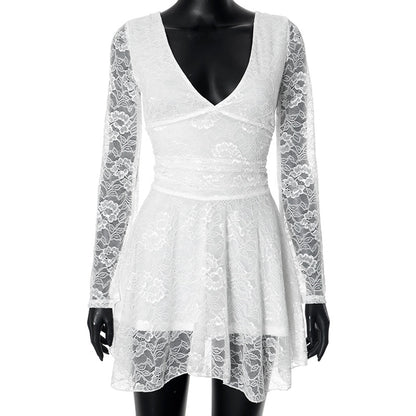 Women's A- Line Skirt Streetwear V Neck Lace Long Sleeve Solid Color Above Knee Daily